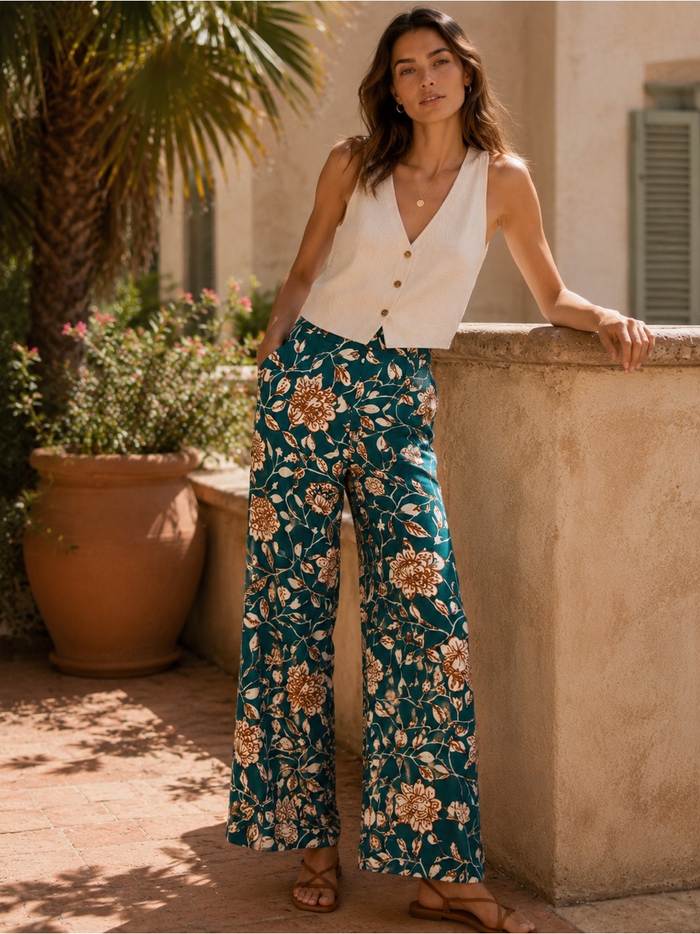 Sezane Baptisto Teal Cream Floral Linen Cotton Wide Leg Pant 6 - Picture 15 of 16